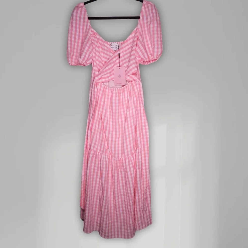 Hello Molly Womens Small Pink Check Plaid Tie Midi Dress Shirred Stretch NEW - Picture 1 of 5